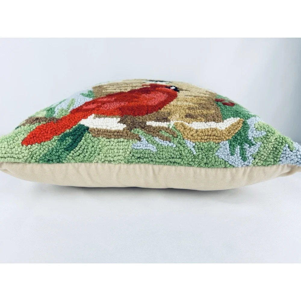 Winter Cardinal Bird House Hooked Wool Throw Pillow Cushion Holiday Christmas